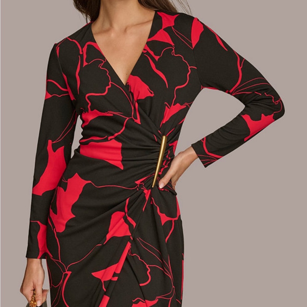 Donna Karan Black and Red Long Sleeve Dress